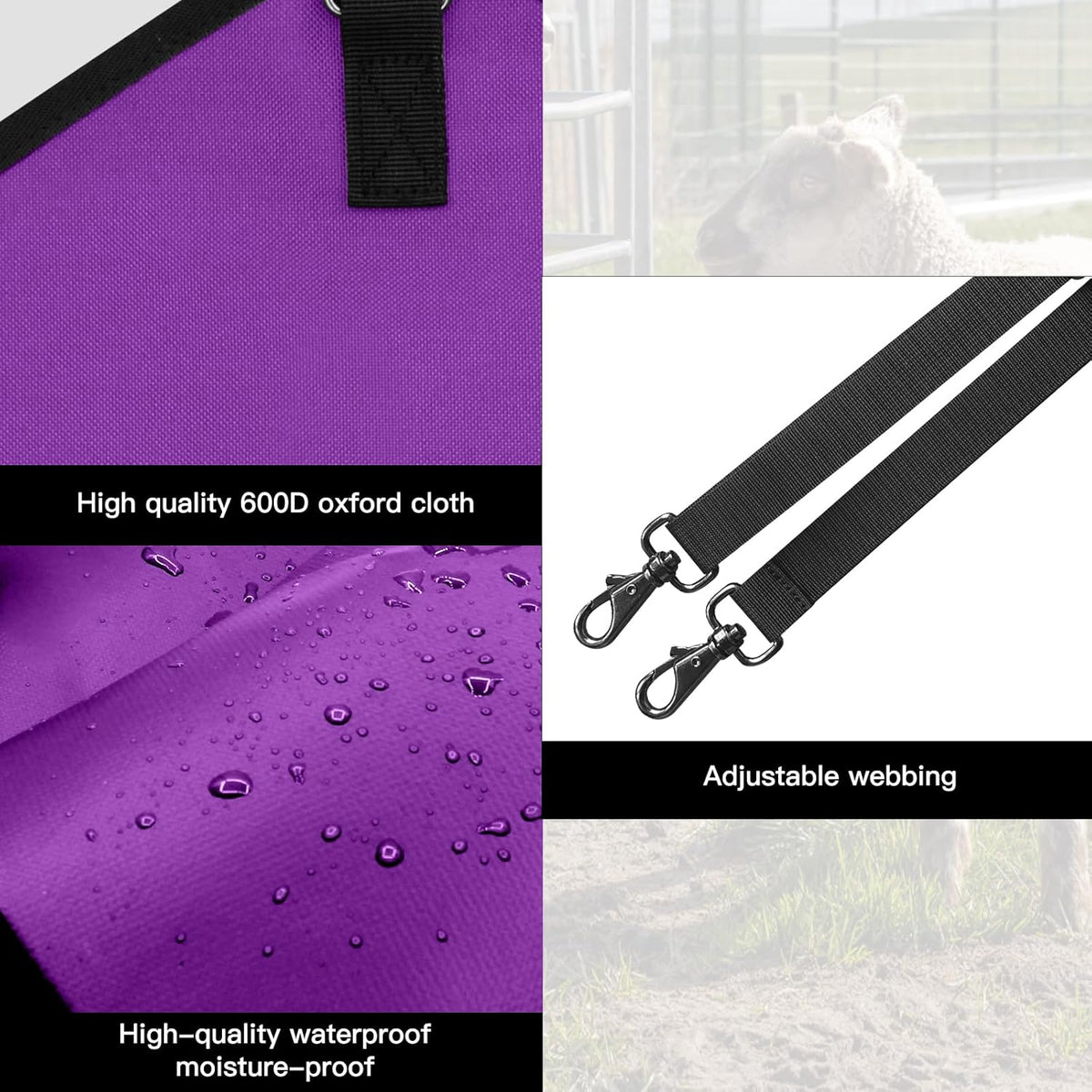 3 Packs Goat Hay Feeder,Hay Bags for Goats,Horses,Sheep,Premium 600D Oxford Cloth,with Metal Fastener and Adjustable Open Feed Hole for Slow Feeding. (2Purple + 1Black)