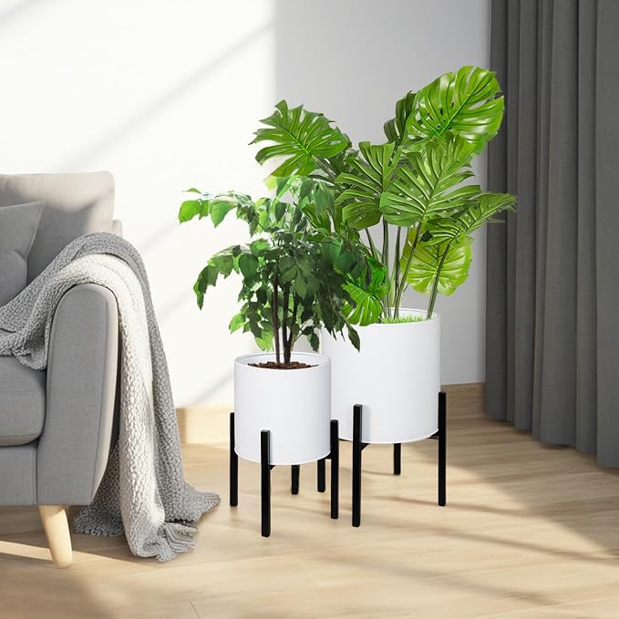 ARNIS Modern Plant Pots, Set of 2 Large Planters with Stand, Decorative Planters, Metal Pots with Drainage Holes for Living Room, Office, Garden or Balcony, 8.25 &10.5 Inch, White