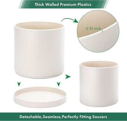 D'vine Dev 12 Inch Plastic Planter Pots for Plant Pot with Drainage Hole and Seamless Saucers, Oatmeal, 74-X-H-3