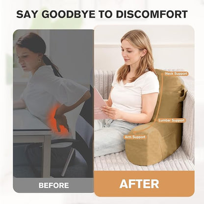 Unisakey Portable Comfy Reading Pillows for Bed Sitting Up(Camel Oeko-Tex), Velvet Back Pillow with Arms & Pockets for Adults, Support Memory Foam Bed Pillow for Dorm/Reading/Watching/Gaming
