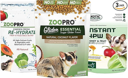 Exotic Nutrition Sugar Glider Essential Deluxe Food Starter Package - Chicken Based High Protein Kibble, Healthy Dried Vegetable Mix, Instant-HPW Enriched Powdered Diet