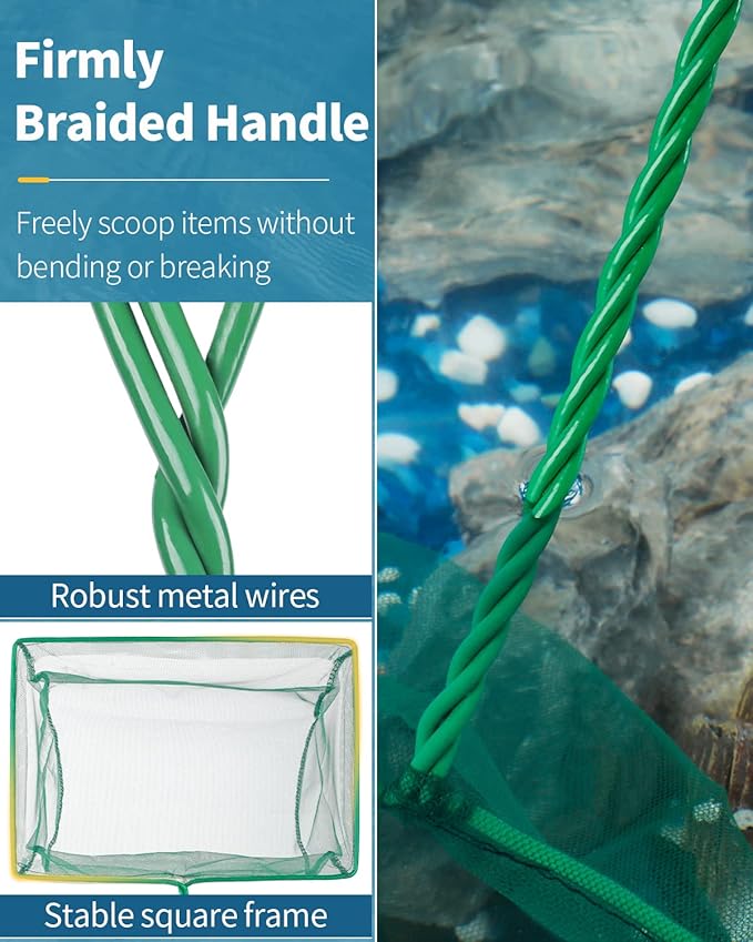 Pawfly Aquarium Fish Net with Braided Metal Handle Square Net with Soft Fine Mesh Sludge Food Residue Wastes Skimming Cleaning Net for Fish Tanks Small Koi Ponds and Pools