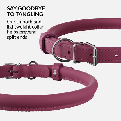 CollarDirect Rolled Leather Dog Collar, Soft Padded Round Puppy Collar, Handmade Genuine Leather Collar Dog Small Large Cat Collars 13 Colors (13-16 Inch, Pink Smooth)