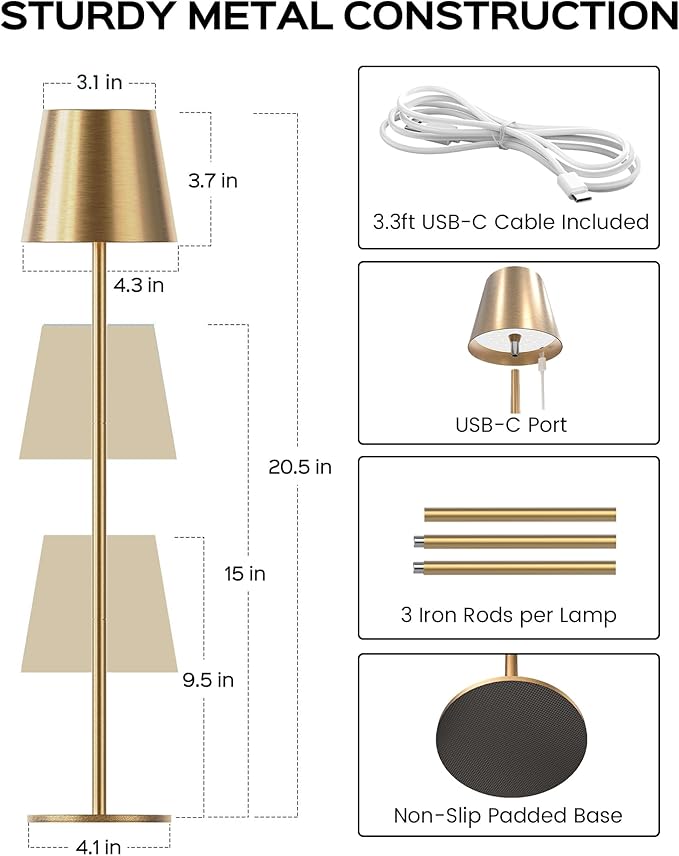 JACKYLED Cordless Table Lamps Rechargeable, 3 Adjustable Height, 5000mAh Battery Operated, 3 Colors Smooth Dimming, Portable LED Waterproof Gold Lamp for Dining, Bedroom, Outdoor (2 Pack)