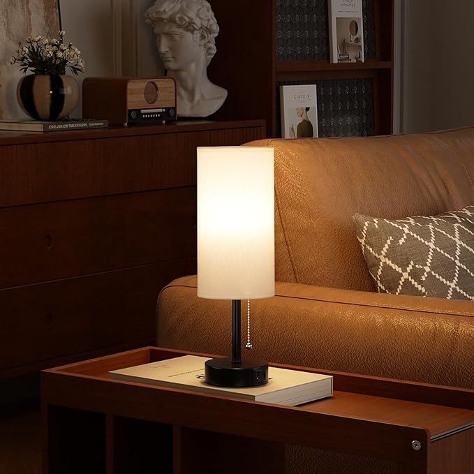White Bedside Lamps for Bedroom Set of 2 - Nightstand Table Lamp with USB A + C Charging Port, 3 Color Temperatures Pull Chain Night Stand Light, Side Table Desk Reading Lamp for Living Room/Dorm