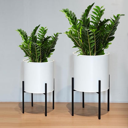 ARNIS Modern Plant Pots, Large Planters with Stand, Set of 2 Decorative Planters, Metal Pots with Drainage Holes for Living Room, Office, Garden or Balcony, 10.5 &12.25 Inch, White