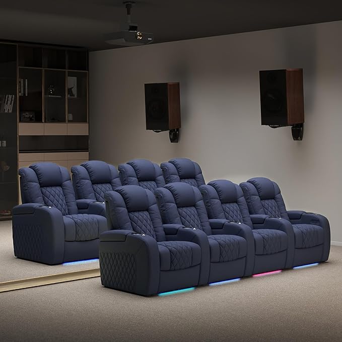 Weilianda Home Theater Seating Top Grain Leather Zero Gravity Recliner Chair Power Headrest Recline Movie Seat Gaming 7 Colors Mood Light Sofa with Tray Table USB Charge Row of 4 Loveseat Middle Blue