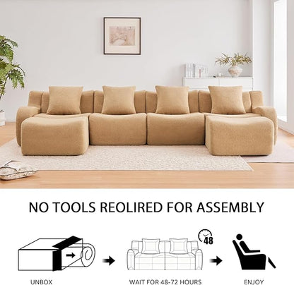 Camel Modular Cloud Couch Loveseat with 1 Ottoman, Teddy Fabric Boneless Sectional Sofa in a Box, Comfortable Floor Sofa for Living Room, No Assembly Required, Sofas para Sala