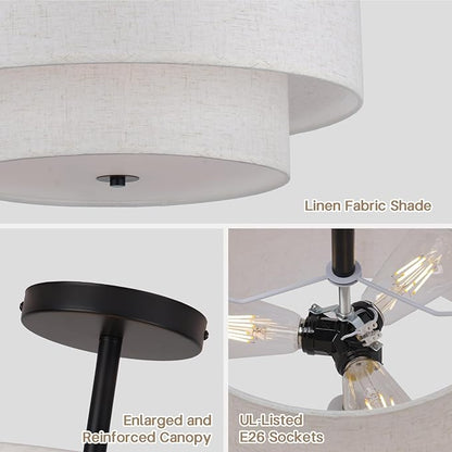 18 Inch Large Semi Flush Mount Ceiling Light Fixture with Dual Drum Design, Farmhouse Fabric Linen Shade for Bedroom, Living Room, Kitchen, and Dining - Modern Chandelier Lamp