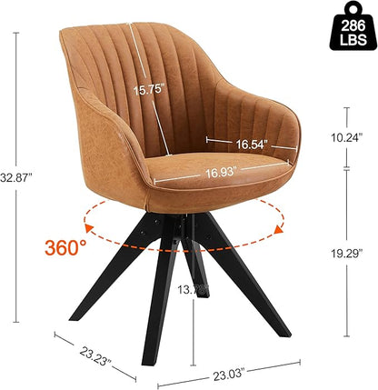 Art Leon Office Chair No Wheels, Mid Century Modern Desk Chair, Swivel Accent Chair with Oak Wood Legs, Faux Leather Upholstered Armchair for Desk, Brown