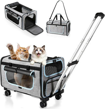 Large Pet Carrier with Detachable Wheels, 2 IN1 Foldable Soft-Sided Carriers- Designed for Dogs & Cats, Telescopic Handle, for Outdoor Car Indoor, Max. 44 LBS(Not for Airline)