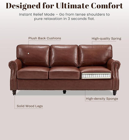 WILLOVE Faux Leather Sofa, Mid Century Modern Couch with Rolled Arm & Nailhead Trim for Living Room, Office - Retro Brown