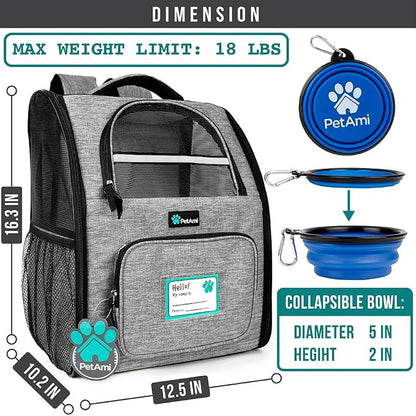 PetAmi Dog Backpack Carrier for Small Medium Dogs Large Cats up to 18 lbs, 2 Side Entry, Structured No-Collapse Frame, Airline Approved Ventilated Pet Backpack for Hiking Camping Travel, Grey