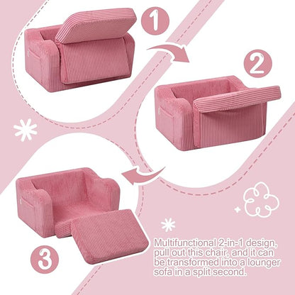 MeMoreCool Toddler Chair & Kids Couch Bed 2‑in‑1 Foldable Lounge Pink (1‑3 yrs) — Convertible Fold‑Out Seat to Sofa Bed for Toddlers, Soft Corduroy Finish, Machine‑Washable Cover, Ideal for Playrooms
