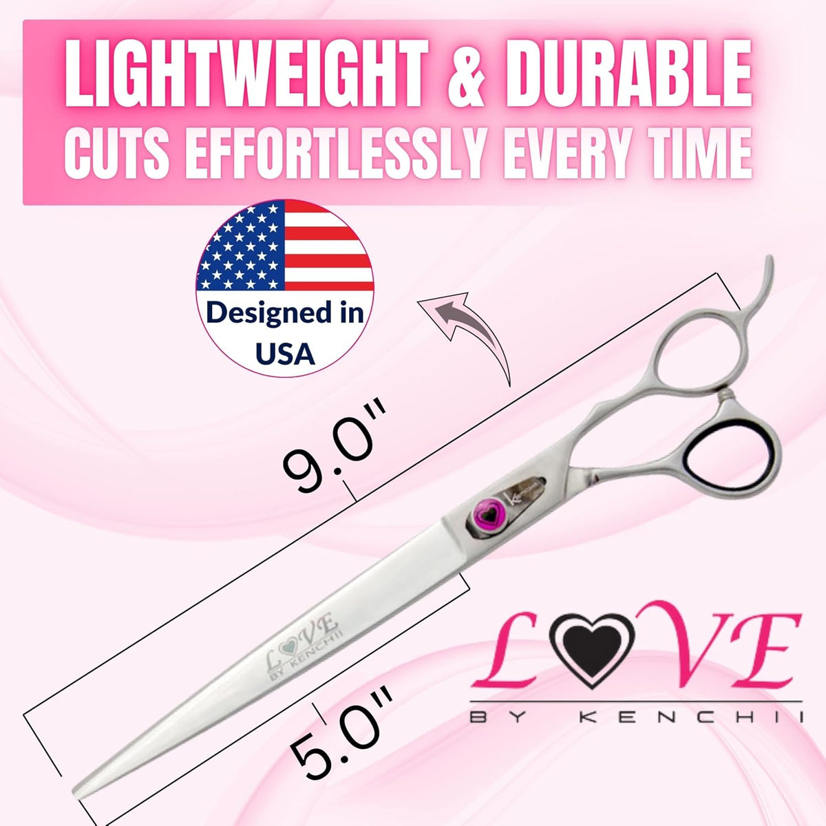 Kenchii Love Dog Grooming Scissors, 9 Inch Straight Shears, Dog Scissors for Grooming, Professional Pet Grooming Scissors, Heavy Duty, Durable and Sharp