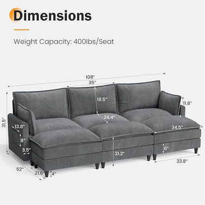 Apicizon 108" Cloud Couch Sectional, Modern Corduroy Cloud Sofa Set with Side Storage Pocket, Comfy Convertible Sleeper Couch with Chaise for Living Room, Apartment, Office, Grey