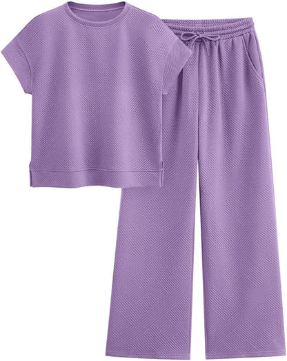 PRETTYGARDEN 2 Piece Outfits For Women Casual Tracksuit Short Sleeve Tops And Wide Leg Long Pants Matching Lounge Sets