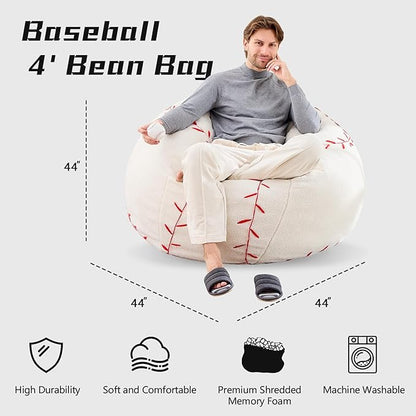 Sports Baseball Bean Bag Chair - Giant Bean Bag Chairs for Adults and Kids - Oversized Bean Bag Sofa Couch with Filler - Plush BeanBag Furniture for Living Room Bedroom Dorm Office - 44 Inch