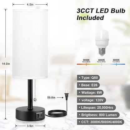 White Bedside Lamps for Bedroom Set of 2 - Nightstand Table Lamp with USB A + C Charging Port, 3 Color Temperatures Pull Chain Night Stand Light, Side Table Desk Reading Lamp for Living Room/Dorm