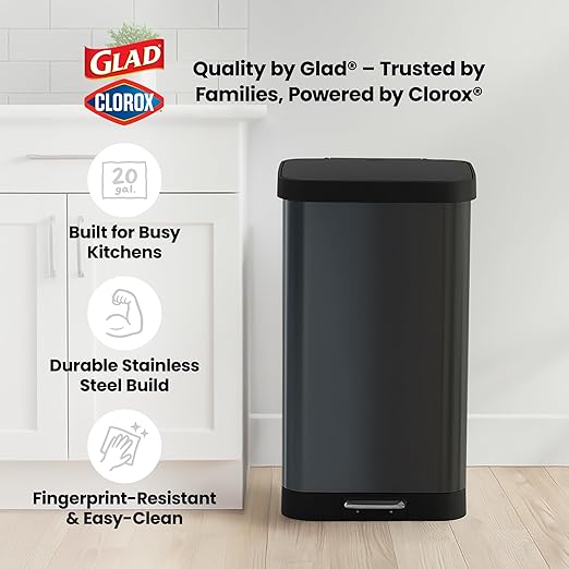 Glad Stainless Steel Step Trash Can, Large Metal Kitchen Garbage Bin
