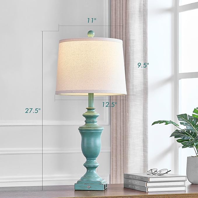 27.5" Set of 2 Farmhouse Table Lamps for Bedroom, 3 Way Dimmable Bedside Lamp with 2 USB +AC Outlet Nightstand Lamps for Living Room Resin Rustic Touch Lamps (Antique Green)