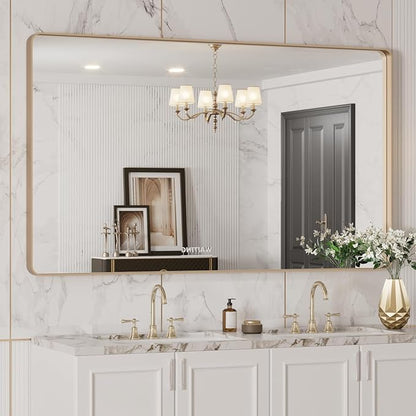 LOAAO 50”X30” Gold Bathroom Mirror, Rounded Rectangle Gold Frame Mirror