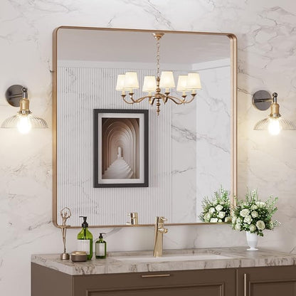 LOAAO 36”X36” Gold Bathroom Mirror, Rounded Rectangle Gold Frame Mirror