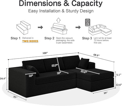 luckyvo 108-inch Boneless Couch for Living Room，Comfy Boneless Sofa with Deep Seats & Chaise Lounge, 3-Seat Modular Sofa Memory Foam Sectional Couches - No Assembly Required(Dark Black)