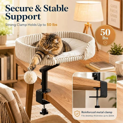 Cat Desk Bed with 3 Mats for All Seasons, 360° Rotating Adjustable | Clamp-On Desk Cat Bed with Reversible Plush Cushion, Sisal Scratch Mat, Cooling Mat & Hanging Ball, Supports 50 lbs, White