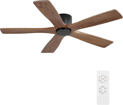 WINGBO 54" Flush Mount DC Ceiling Fans without Lights, 5 Carved Solid Wood