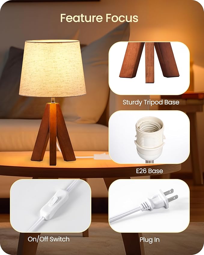 Small Tripod Table Lamp, Modern Nightstand Lamp with Fabric Shade, Boho Bedside Wood Desk Lamp for Bedroom, Kids Room, Living Room, Office, Study, Dark Wood and Beige, LE51TL05