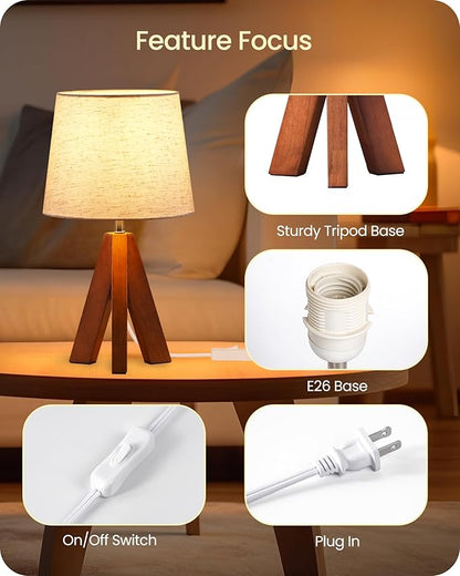 Small Tripod Table Lamp, Modern Nightstand Lamp with Fabric Shade, Boho Bedside Wood Desk Lamp for Bedroom, Kids Room, Living Room, Office, Study, Dark Wood and Beige, LE51TL05
