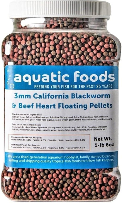 Aquatic Foods Inc. 3mm California Blackworm & Beef Heart Floating Pellets, for Discus, Cichlids All Tropicals, Koi and Pond Fish…1-lb & 6oz Med Jar