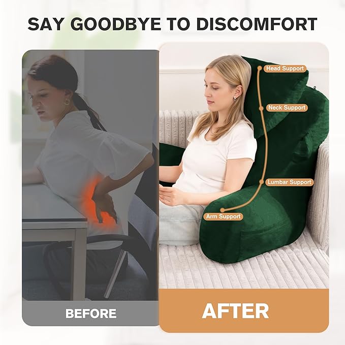 Unisakey Portable Reading Pillows with Headrest for Bed Sitting Up(Green Oeko-Tex), Velvet Back Pillow with Arms & Pockets for Adults, Support Memory Foam Bed Pillow for Dorm/Reading/Watching/Gaming