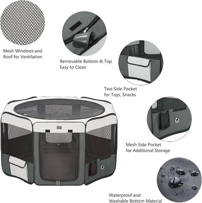 Dog Playpen Portable Pet Play Pens for Small Dog/Cat/Rabbit/Chicks, Cat Playpen Indoor/Outdoor with Carring Case, Removable Zipper Top and Bottom (Gray, Extra Large (55"x55"x30"), 8)