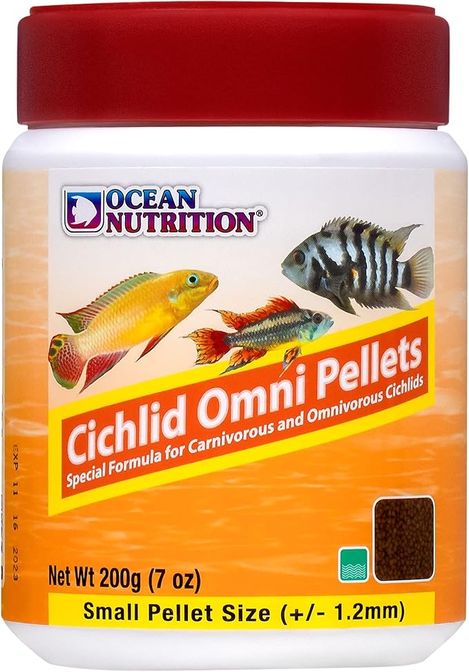 Ocean Nutrition Fish Food Cichlid Pellets, High Protein (41%) Soft Moist Sinking Pellets for Omnivorous Predatory Cichlids - Enhances Color & Growth, 7 oz (200 g), Small Pellet