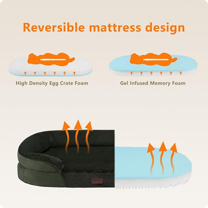 Dwanton Orthopedic Dog Bed for Extra Large Dogs with Gel Memory Foam, Waterproof Dog Sofa, Washable Pet Bed with Four Sided Bolster Cushion, Removable Cover & Non-Slip Bottom, 45", Green