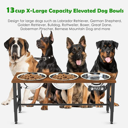 SHAINFUN Adjustable Height Elevated Dog Bowl Stand for Large & Extra Large Dogs – Wooden Raised Dog Bowls with Three 101oz Stainless Steel Bowls & Mat, Stainless Steel Food & Water Station