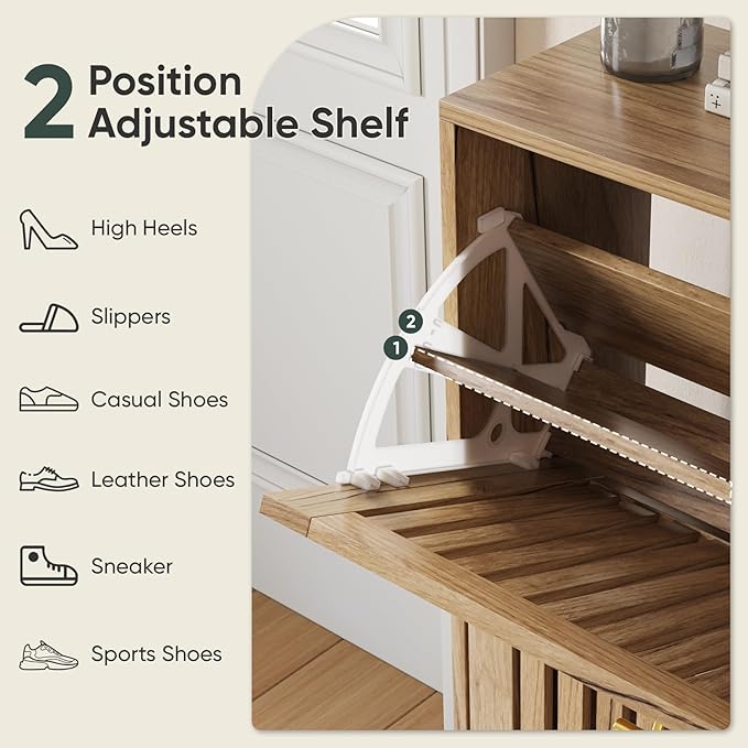 Shoe Storage Cabinet with 2 Flip Slatted Drawers, Narrow Freestanding Shoe