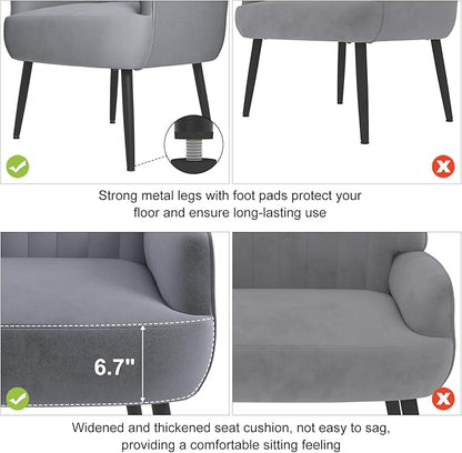 Holiway Velvet Accent Chair, Upholstered Modern Leisure Single Sofa Side Chair, Comfy Tufted Back Armchair with Metal Legs for Living Room/Bedroom/Office/Reading Room, Grey