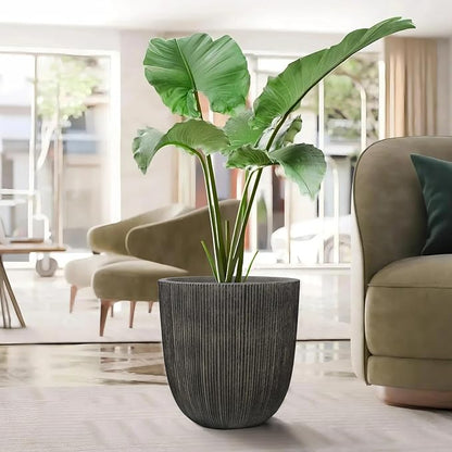 Vintage Black Faux Cement Ribbed Planter, 14.8"H Tall Tapered Egg-Shaped Plastic Plant Pot with Drainage Hole & Plug, Large Modern Indoor Outdoor Flower Pot for Home, Garden, Patio and Houseplants