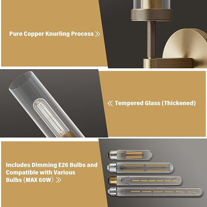 14" Bathroom Vanity Wall Sconces, Gold Wall Sconces Set of Two,Glass Tube Sconces Wall Lighting Indoors,Wall Lights for Mirror, Living Room, Bedroom, Hallway