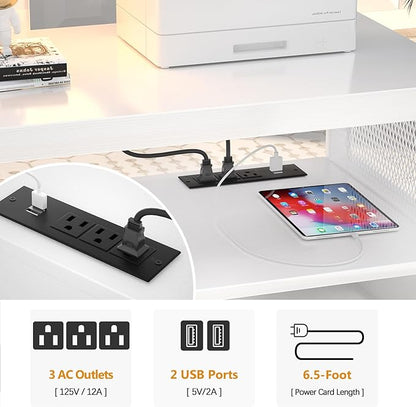 Unikito Rolling File Cabinet Lateral Office Filing Cabinets with Socket and USB Charging Port, Modern Printer Stand on Wheels, Printer Cabinet with Door and Open Storage, Lockable, White