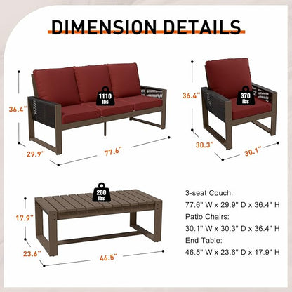 INTER HUT Rustic Hideaway Natural Cedar Wood Outdoor Furniture Set, Wicker Patio Conversation Set for Porch Garden Backyard, Couch, 2 Patio Chairs and Coffee Table, 4 Piece, Brownish/Red