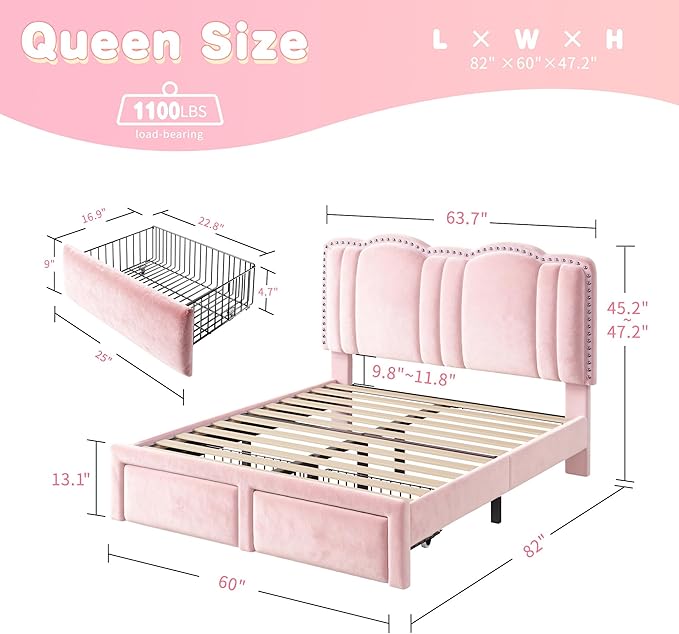 EnHomee Queen Bed Frame with LED, Velvet Upholstered Cloud Headboard and 2 Drawers, Bed Frame Queen Size with Height Adjustable Headboard, Solid Wooden Slats, No Box Spring Needed, Easy Assembly, Pink