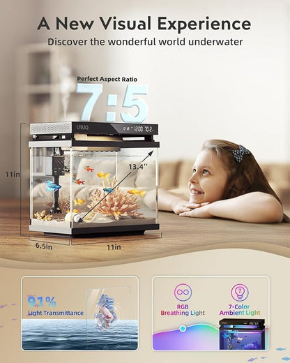 Fish Tank Smart Aquarium Kit: 2 Gal UHD Glass Silent Water Pump Self Cleaning System Temperature Monitoring Essential Oil Diffuser with Humidifier 7 Color Lights Multi-Layer Filtration System - Black