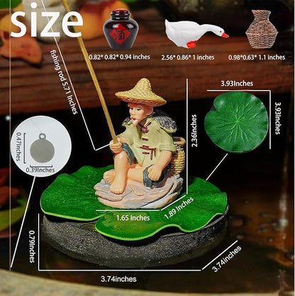 Fish Tank Decorations Floating Fish Tank Decorations,Retro Fisherman Sculpture Fish Tank Decoration with Three Small Ornaments with Mini Fishing Rod Funny Cool for Betta Bowl Zen Aquariums