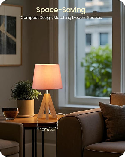 Small Tripod Table Lamp, Modern Nightstand Lamp with Fabric Shade, Boho Bedside Wood Desk Light for Bedroom, Kids Room, Living Room, Office, Study, Pink, P51TL05