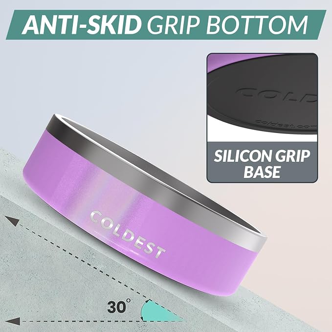 Coldest Dog Bowl - Anti Rust Metal, Non Slip, 3 Layers Insulated Stainless Steel Dog Bowls - Spill Proof & Heavy Duty - Water Bowl for Dogs, Cats, Dish Washer Safe (42 oz, Saturns Purple Glitter)