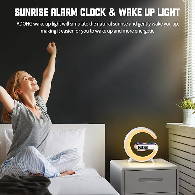 Smart LED Table Lamp, 4-in-1 Wireless Charger Smart Atmosphere Lamp, Night Light, Bluetooth Speaker & Alarm Clock for Bedroom, Office, and Home Decor(White)